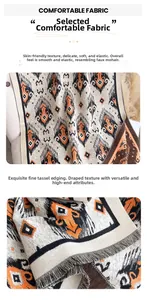 Detail of warm orange geometric jacquard cashmere-feel scarf with delicate tassel edges