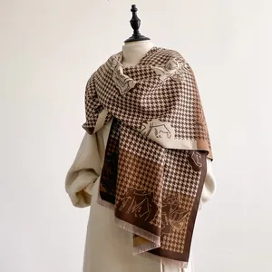 Women Elegant Houndstooth Rose Floral Pattern Scarf Warm Thick Polyester Imitation Cashmere Tassel Shawl Wrap For Winter