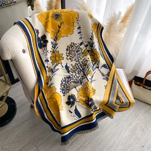 Floral print thick cashmere scarf with tassels in yellow and navy blue for winter warmth
