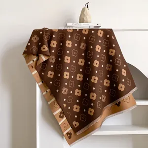 Double-sided floral cashmere-like scarf with fringe, dark brown and camel reversible wrap