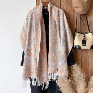Ethnic paisley pattern scarf with fringe, vintage bohemian style shawl for women