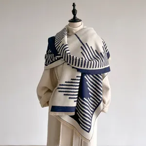 Women Winter Cashmere Like Geometric Shawl Scarf Elegant Tassel Warm Oversized Wrap Casual Jacquard Scarf For Daily Wear