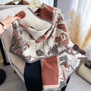 Thick warm cashmere-like pashmina with vintage floral jacquard and fringe edges