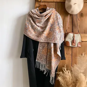 Écharpe Jacquard Paisley Rétro Pour Femme Doux Imitation Cachemire Châle Glands Chaud Ethnique Accessoires Hiver
