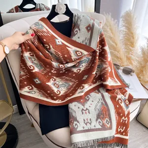 Bohemian geometric faux cashmere scarf with tassels in terracotta, grey and white
