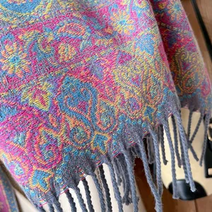 Ethnic paisley pattern cotton scarf with tassels featuring colorful jacquard weave design