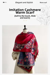 Detail of floral paisley pattern on a red and navy imitation cashmere warm scarf