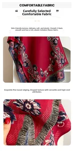 Close-up of soft cashmere-like fabric with vintage floral patterns and fringe details