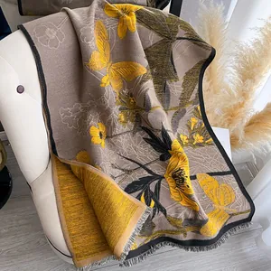 Ginger yellow and grey cashmere-feel pashmina scarf with floral butterfly jacquard patterns