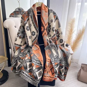 Boho-Kaschmir-Schal mit Vintage-Jacquard-Muster und Fransen in Orange und Grau