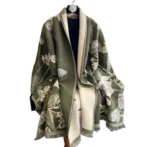 Floral cashmere-like thick shawl with white flowers, dark green foliage and fringe trim