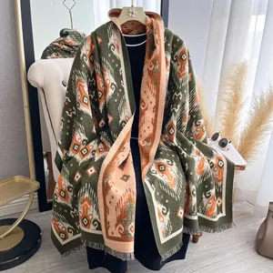 Vintage Bohemian Geometric Print Tassel Scarf For Women Reversible Thick Cashmere Like Winter Shawl Wrap Warm Jacquard Scarf