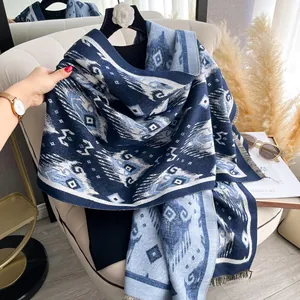 Thick vintage geometric print cashmere feel shawl with tassel trim in navy and grey