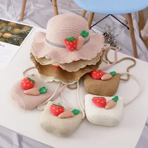Süßes Kinder Strohhut Und Umhängetasche Set Mädchen Sommer Strand Sonnenhut Mit Erdbeere Karotte Dekor Wellenkante Strohhut Tasche Set