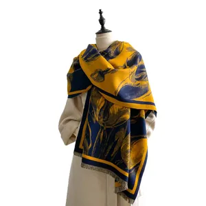 Navy blue and yellow cashmere-feel scarf with vintage floral patterns and fringe details