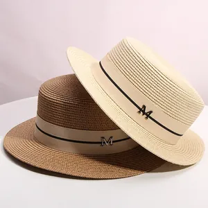 Women Fashion Straw Boater Hat Flat Top Summer Beach Sun Hat With Metal M Letter Decoration Striped Ribbon Vacation Hat