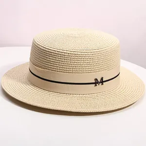 Flat top straw boater hat with metallic M letter and ribbon for summer beach vacation