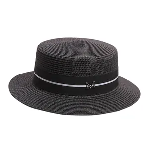 Classic black straw boater hat for summer beach wear with silver M metal ornament