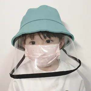 Mint green cotton protective bucket hat for kids with a clear detachable face shield