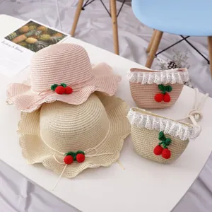 Kids straw sun hat and bag set with wave edges and decorative cherry accents