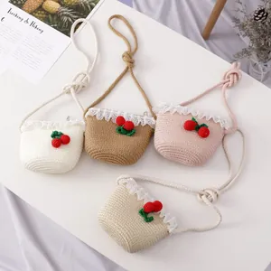 Children's handmade woven crossbody bags with cherry decor and lace trim in four colors