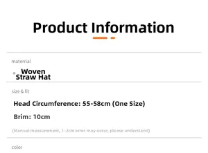 Size chart for summer straw sun hat with 10cm brim and 55-58cm head circumference