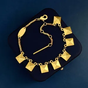 18K Gold Plated Copper Square Rivet Tassel Bracelet For Women Hip Hop Punk Geometric Pyramid Dangle Hand Chain Jewelry