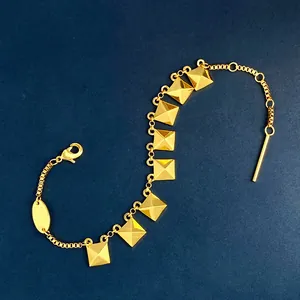 Elegant 18K gold plated square pyramid rivet tassel bracelet with adjustable chain