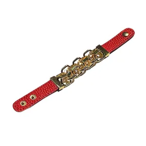 Bracciale punk in pelle PU rossa con catena dorata e bottoni automatici regolabili