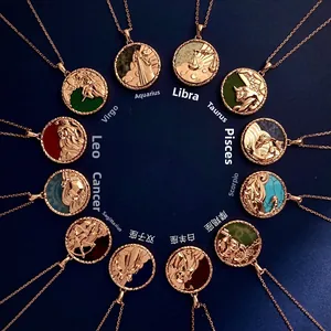 Vintage Copper Zodiac Medallion Pendant Necklace Embossed Coin Semi-Precious Stone Inlaid Long Sweater Chain For Women Jewelry Gift