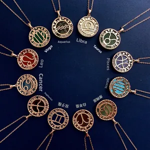 Detailed overhead view of 12 zodiac pendant necklaces with semi-precious stone inlays
