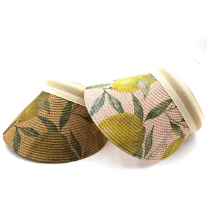 Straw open top sun hat with floral and lemon prints for summer outdoor cycling protection
