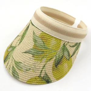 Breathable summer straw sun visor with tropical leaf pattern and elastic headband for women