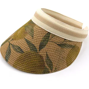 Women Wide Brim Straw Sun Visor Hat Folding Paper Woven Beach Cap With Floral Lemon Print And Striped Elastic Band