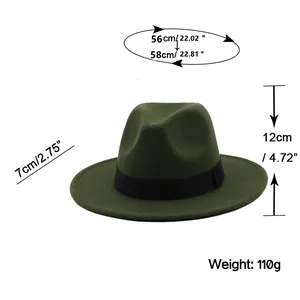 Classic dark green felt fedora hat with black ribbon and detailed size measurements