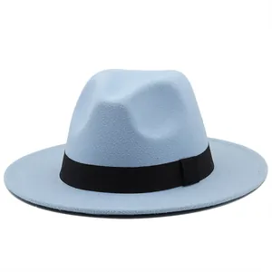 Light blue wool fedora hat with flat brim and black decorative ribbon in a side view