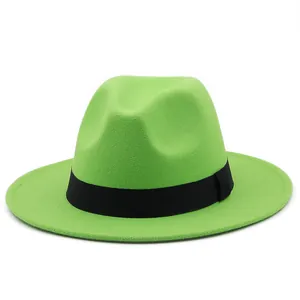 Detail view of neon green fedora hat with a black ribbon band on a clean white background