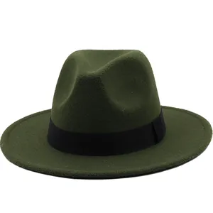 Classic dark green wool fedora hat with a wide brim and decorative black grosgrain ribbon