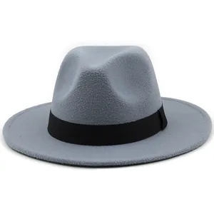 Classic grey wool fedora hat with a flat brim and elegant black grosgrain ribbon detail