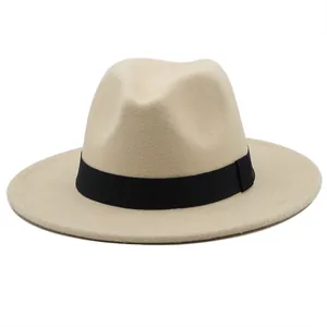 Classic beige wool fedora hat with a contrast black decorative band and flat brim