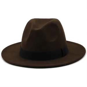 Front view of dark brown wool fedora hat with black grosgrain ribbon on white background