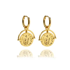 Vintage Roman coin drop earrings in polished gold finish with classic embossed details
