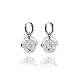 Silver retro Roman coin earrings with portrait relief design on a white background