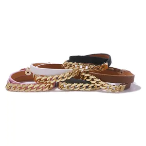 Punk style multi-layer PU leather wrap bracelets with gold Cuban link chains in five colors