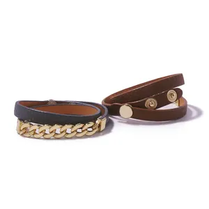 Punk style double-wrap PU leather bracelet with gold Cuban chain and stud accents