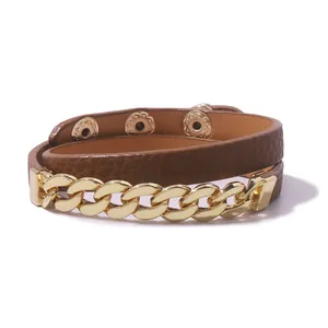 Women Punk Double Wrap PU Leather Bracelet Gold Cuban Chain Solid Litchi Grain Adjustable Snap Button Hand Jewelry Gift