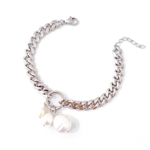 Bracciale Unisex in Rame Placcato Oro 18K con Anello Tondo Perla Artificial Barocca Irregolare Catena Cubana Spessa per Uomo Donna Gioielli