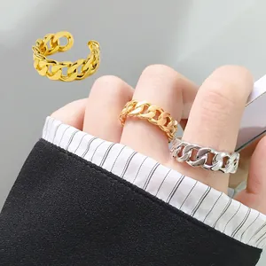 Modern Cuban link chain rings in gold and silver finish with adjustable open band design