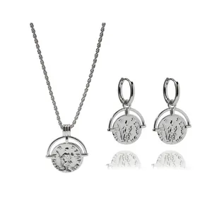 Silver retro Roman coin jewelry set with twisted chain necklace and matching earrings