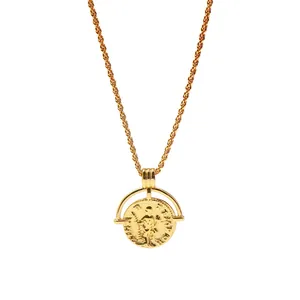 Classic gold roman coin pendant necklace with a detailed rope chain on a white background